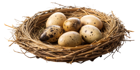 Nest of New Beginnings: A meticulously crafted nest cradles a collection of speckled eggs, symbolizing new life, potential, and the promise of growth and beginnings.