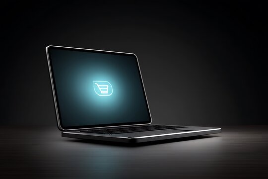 Online Shopping Glow Laptop with Cart Icon. - Powered by Adobe