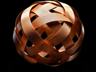Interwoven wood sphere on a black backdrop intricate patterns of weaving with visible wood grain detail