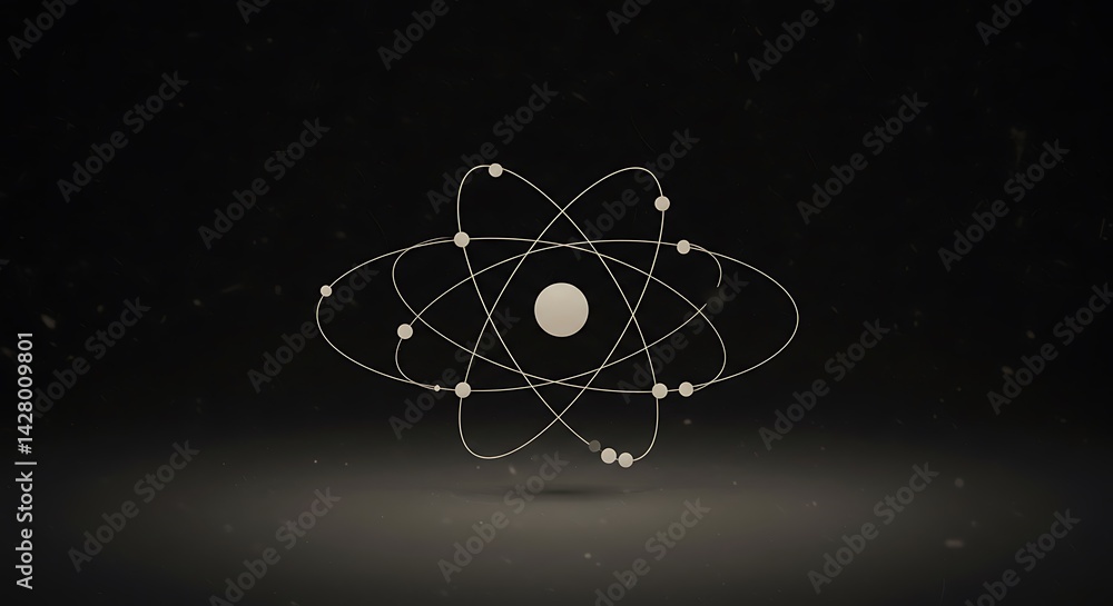 Poster quantum atom with dotted electron trails, minimalist orbits, open circular framework