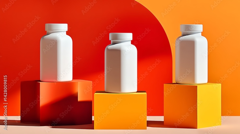 Poster three white bottles are on top of three orange boxes. the bottles are all the same size and shape, a