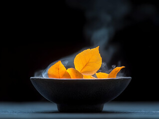 Autumn leaves gently sit in a black bowl with soft smoke rising against a black background