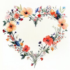watercolor painting of a heart-shaped wreath of flowers. -
