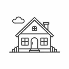 Fototapeta premium Illustration of a cozy house with a simple design, surrounded by grass and a cloud in a clear sky.