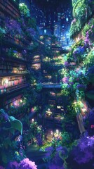 Obraz premium A vibrant, surreal cityscape of towering, botanical structures at night.