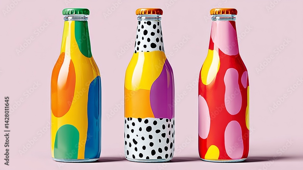 Poster three colorful bottles with polka dots and stripes on them. the bottles are arranged in a row and ar