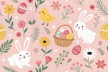 Featuring adorable cartoon bunnies and chicks, a repeating Easter pattern includes colorful decorated eggs, spring flowers, and a woven basket on a soft pink background