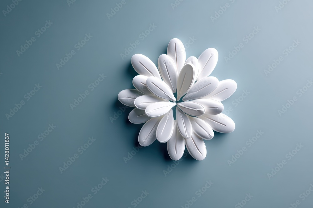 Poster pill arranged in a blooming flower shape on a soft blue background, embodying wellness and minimalis