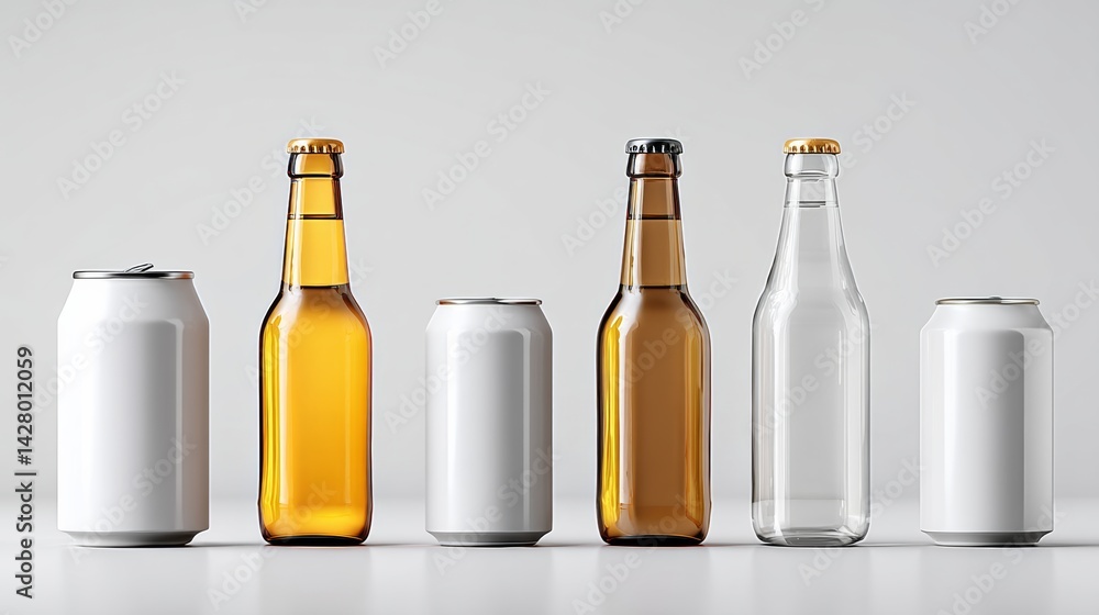 Poster row of beer bottles and cans are lined up on a table. the bottles and cans are of different sizes an