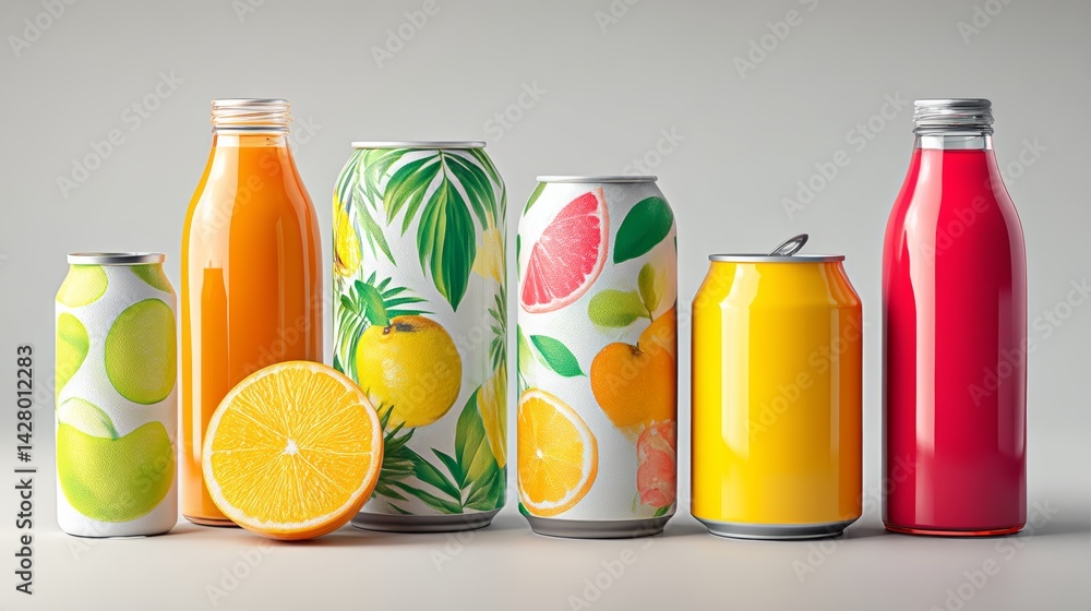 Poster row of fruit juice cans and bottles are lined up on a table. the cans and bottles are all different 