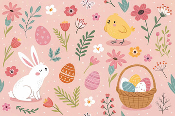 The image showcases a seamless Easter pattern with whimsical illustrations of white bunnies, yellow chicks, a basket of eggs, and pastel flowers on a light pink backdrop