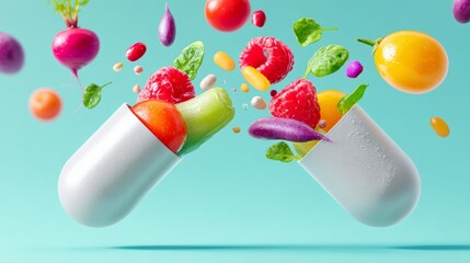 Pill is split open to reveal a variety of fruits and vegetables. The pill is meant to represent a healthy diet and the fruits