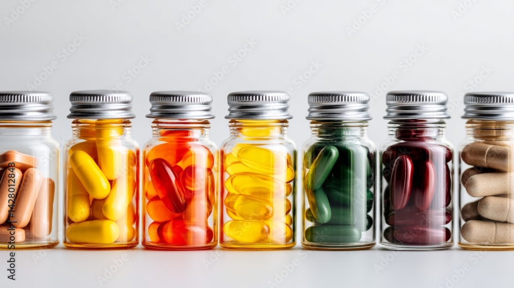 Aufkleber row of glass jars filled with different colored pills. the jars are lined up in a row, with the firs