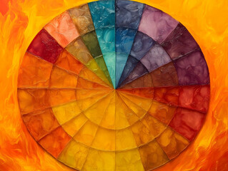 Fototapeta premium Circular mosaic pattern of color gradients on a vibrant orange background