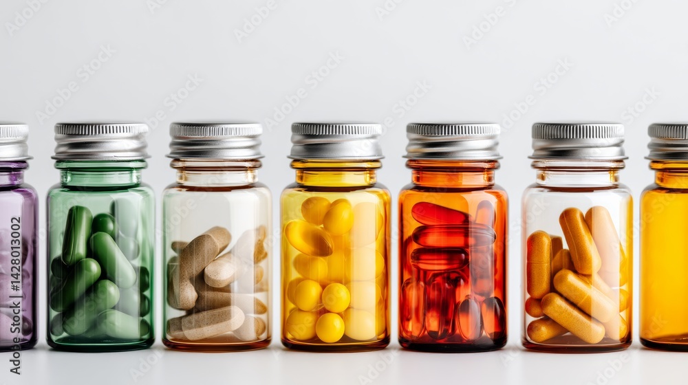 Poster row of glass bottles with different colored pills inside. the bottles are lined up next to each othe