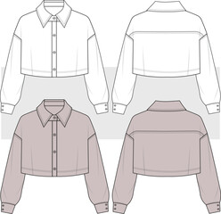 Women's cropped shirt, blouse. flat sketch technical drawing, fashion illustration, vector. Long sleeve shirt front and back view. Cad, Mockup.