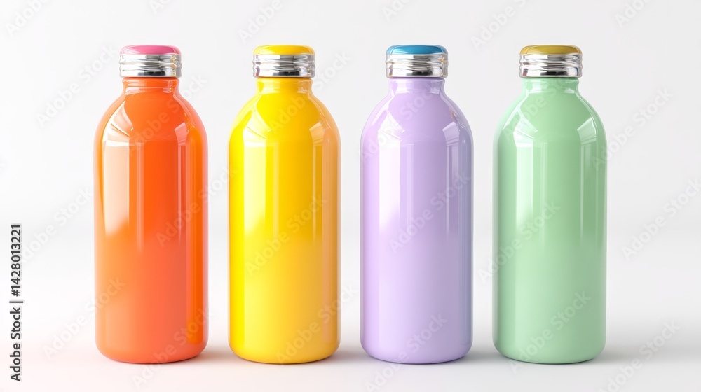 Poster four bottles of different colors, each with a different color lid. the bottles are lined up next to 