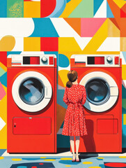 Woman in red polka dot dress at colorful laundromat with vibrant geometric wall art, daytime, playful and retro vibe, artistic lifestyle concept