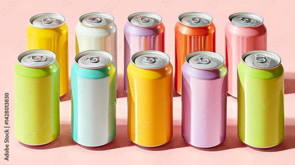 Poster row of colorful cans of soda sit on a pink background. the cans are arranged in a neat row, with eac