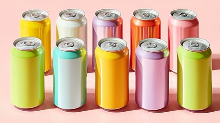 Row of colorful cans of soda sit on a pink background. The cans are arranged in a neat row, with each can being a different color. Scene is cheerful and vibrant