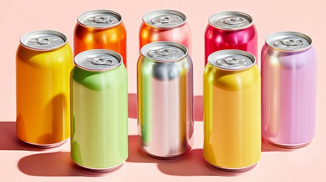 Row of colorful soda cans are lined up on a pink surface. The cans are of various colors, including green, yellow, and pink. The arrangement of the cans creates a visually appealing display