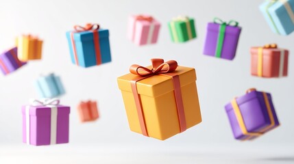 Bunch of colorful boxes are flying in the air, with one of them being a large orange box with a bow on top. Concept of excitement and joy