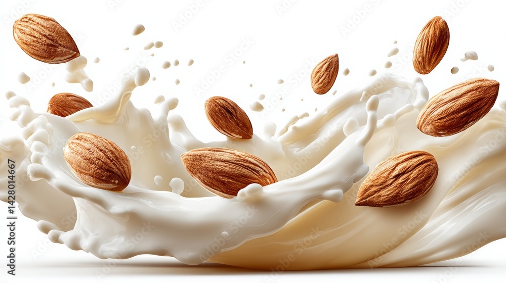 Poster white background with a splash of milk and a bunch of almonds floating in it. concept of motion and 