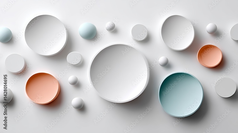 Poster white background with a variety of colored circles and spheres. the circles and spheres are of diffe