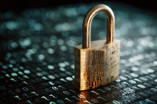 Rusty padlock on binary code