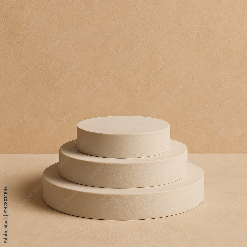 Poster three tiered circular platforms in neutral tones are arranged on a smooth surface, ideal for display