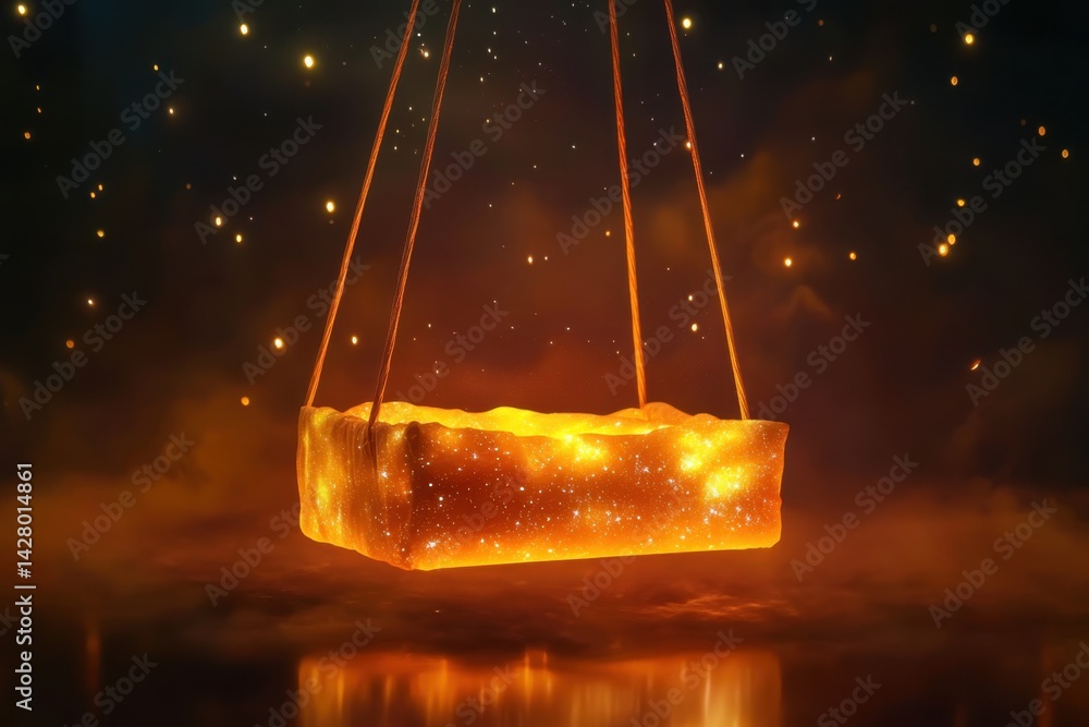 Poster golden block suspended in a mystical atmosphere with sparkling particles floating around