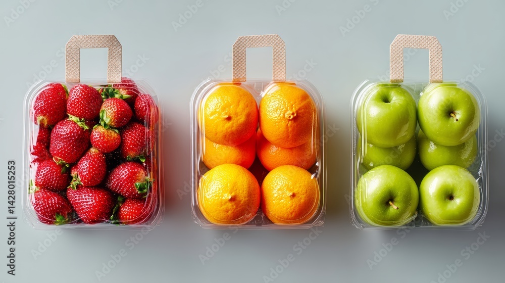 Poster three boxes of fruit, one with apples, one with oranges, and one with strawberries. the boxes are al