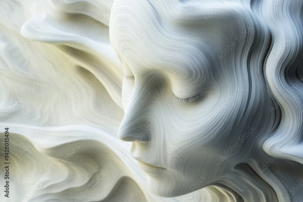 Poster abstract sculpture of a serene face with flowing lines and textures in a light setting