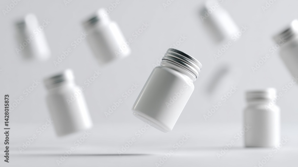 Poster white jar is floating in the air above a group of other white jars. the jars are all different sizes