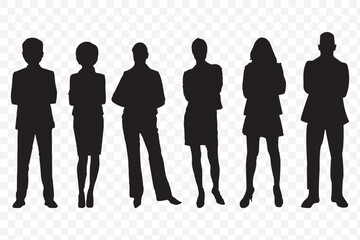 Businessman and businesswoman silhouette black filled vector Illustration. Businesspeople set silhouette full isolated different pose on Transparent Background. EPS 10.