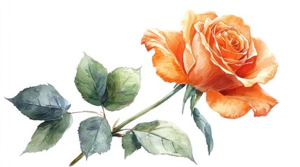 Watercolor painting of a single orange rose with green leaves. -