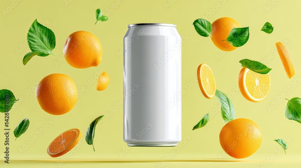 Poster can of soda is surrounded by oranges and leaves. the oranges are scattered around the can, with some