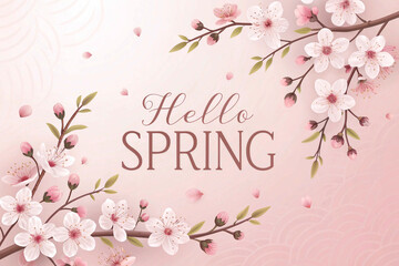 Set against a light background, a handwritten "Hello Spring" is adorned by a decorative border of pastel blooms and branches