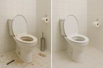 A restroom toilet is shown before and after a thorough cleaning. The left side depicts a dirty toilet while the right side shows a spotless and sanitized version of the same toilet