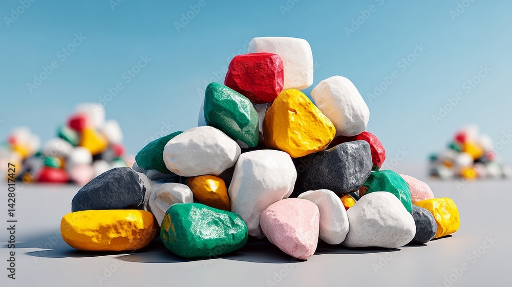 Poster pile of colorful rocks with a blue sky in the background. the rocks are of different colors and size