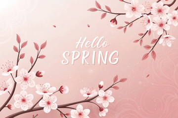 The image features a "Hello Spring" greeting surrounded by a colorful array of pink and white flowers and branches