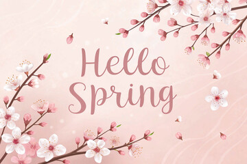 A cheerful "Hello Spring" message is centered within a beautiful border of pink and white flowers and delicate branches