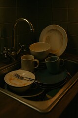 Dishes and utensils are stacked in a kitchen sink filled with soapy water. The light creates shadows, emphasizing the messiness of the dirty items, conveying a sense of neglect