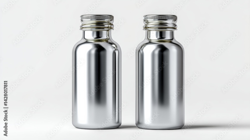 Poster two silver bottles with a silver cap. the bottles are placed next to each other on a white backgroun