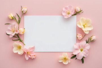 Beautiful blooming flowers and blank card isolated on pink
