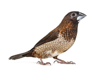 Society finch, Lonchura striata domestica, or Bengali finch, looking at the camera isolated on white