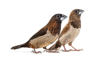 Male and female Society finch together, Lonchura striata domestica, also known as the Bengali finch, isolated on white