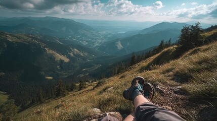 Fototapeta premium Scenic mountain view with a person relaxing on a grassy slope, surrounded by lush valleys and distant peaks
