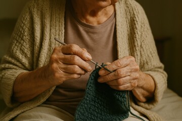 An elderly woman sits comfortably, using a crochet hook to create a green textile piece. The warm light from the afternoon sun enhances her focused expression and cozy surroundings