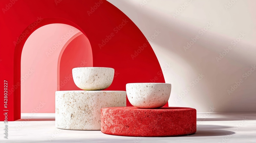 Poster red and white background with three white bowls on top of red and white pedestals. the bowls are arr